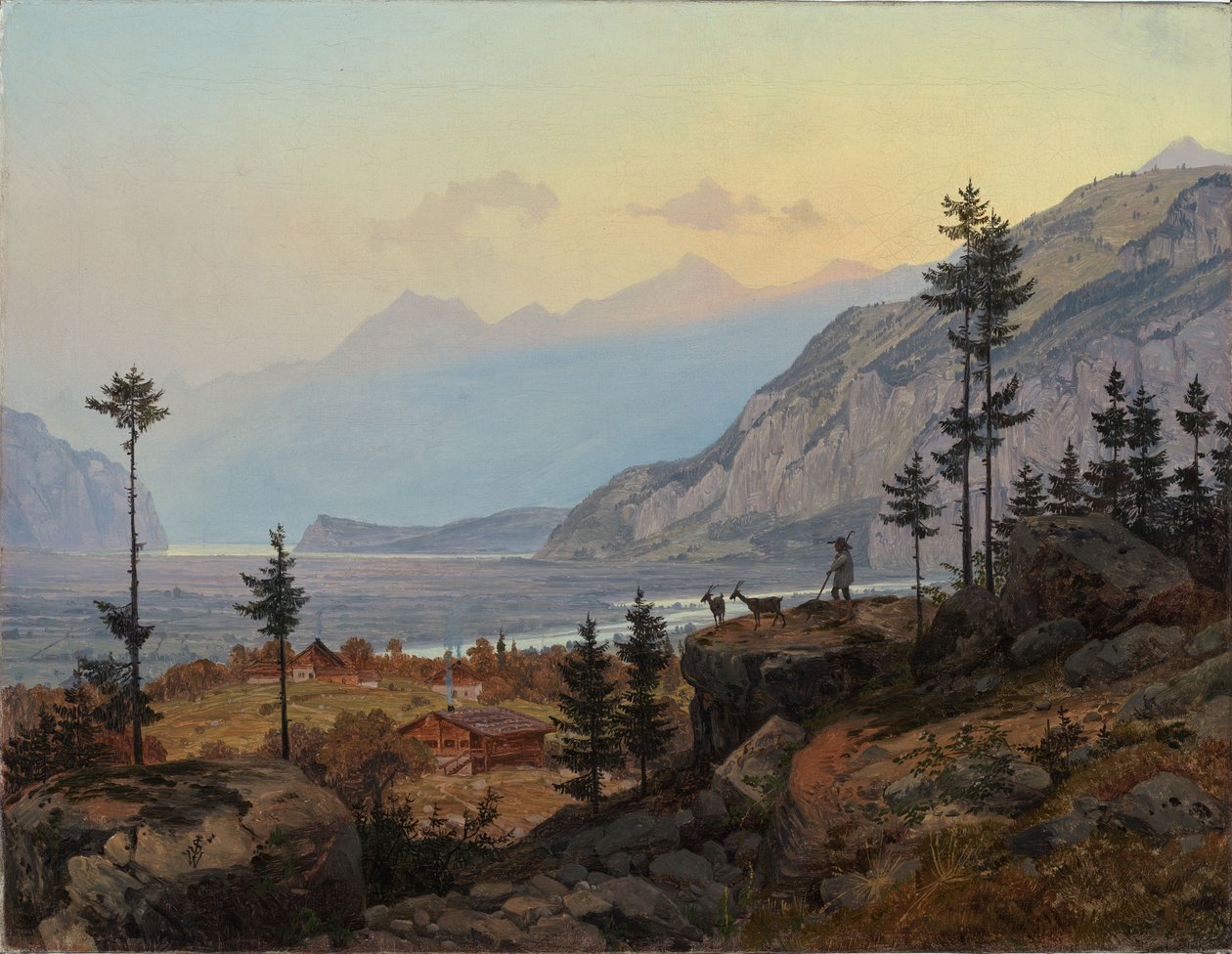 Paesaggio alpino svizzero con fiume e lago da Johann Wilhelm Schirmer