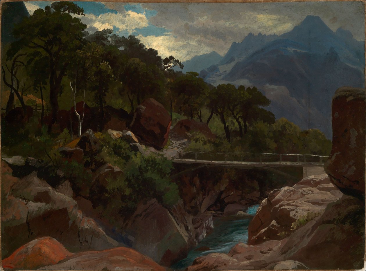 Torrente montano svizzero con passerella da Johann Wilhelm Schirmer