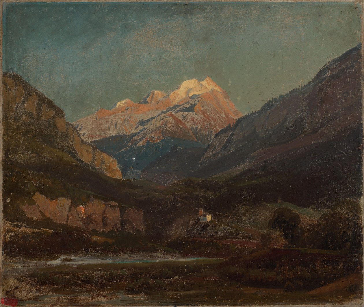 Paesaggio montano svizzero con cappella e lontana cima innevata da Johann Wilhelm Schirmer