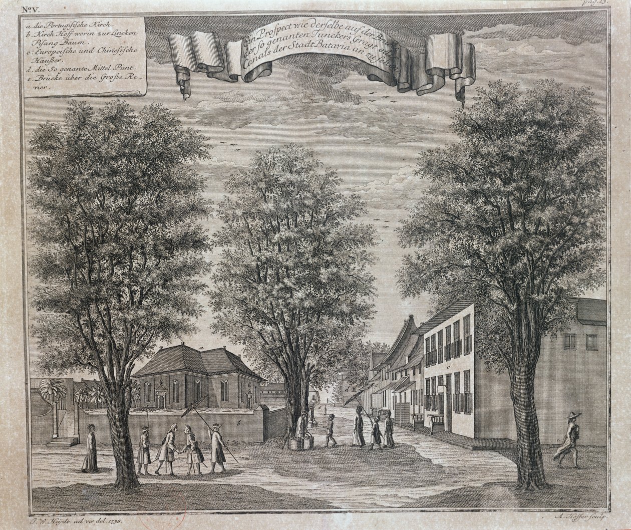 La chiesa portoghese e case cinesi ed europee in una strada di Batavia, da una serie di vedute di Batavia 