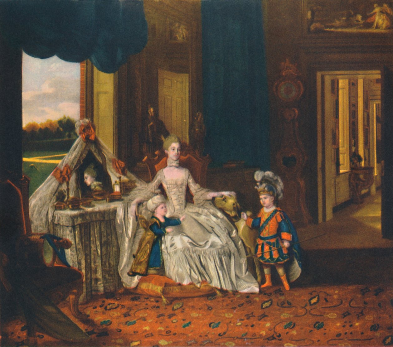 Regina Carlotta nella stanza da toeletta con il principe e il duca in costume, c1766, 1948 da Johan Joseph Zoffany