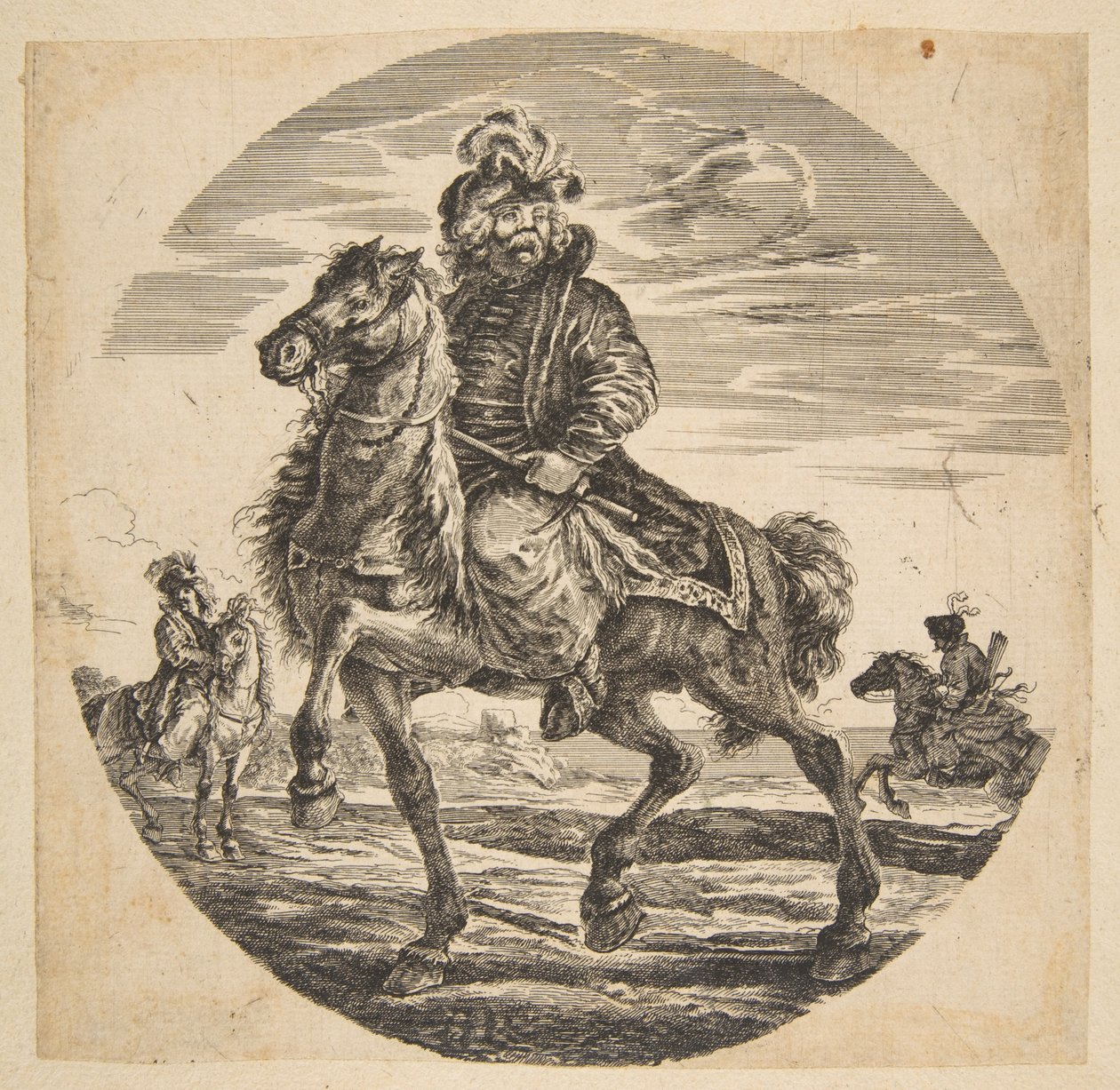 Cavaliere ungherese che cavalca verso sinistra, altri cavalieri sullo sfondo, un circolare da Johanna Christina Küsel