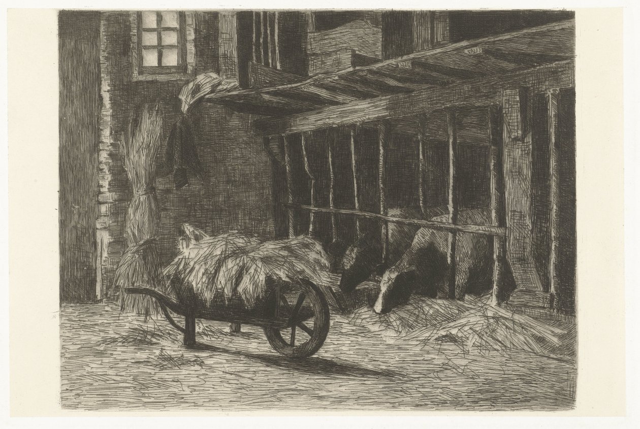 Interno di una stalla con mucche e carriola con fieno da Johanna Henriëtte Besier