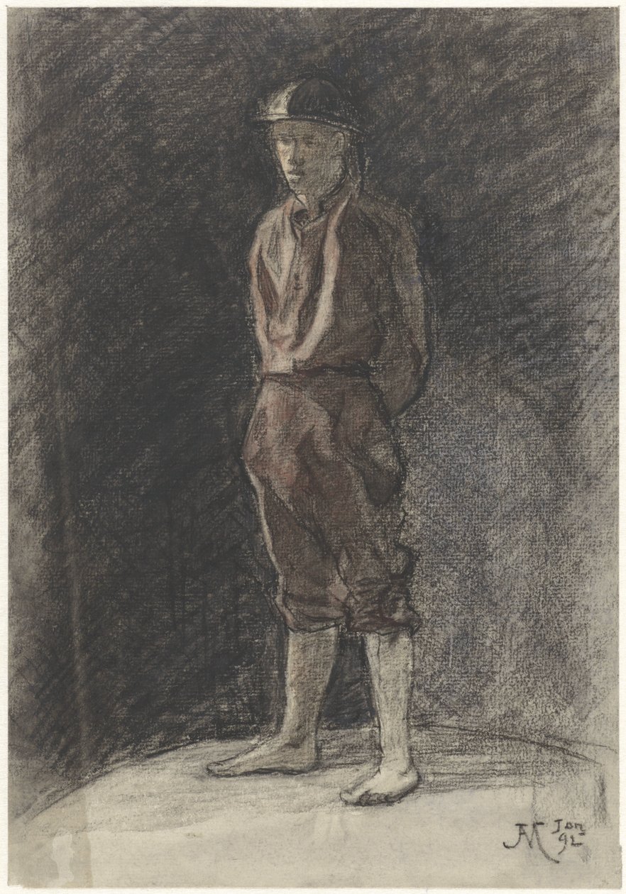 Uomo in piedi con elmo e pantaloni arrotolati da Johannes Abraham Mondt