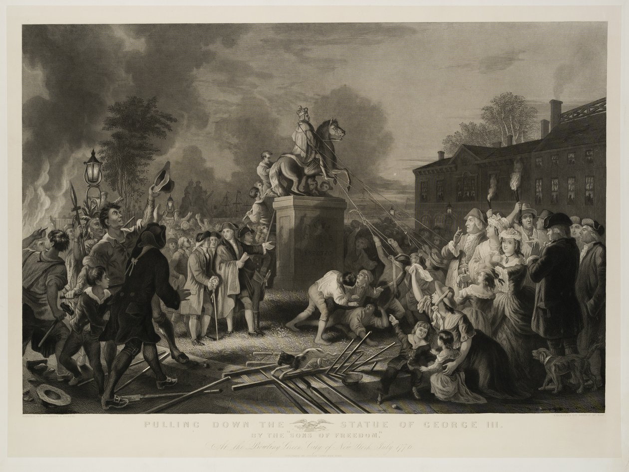 Abbattimento della statua di Giorgio III, dai Figli della Libertà, al Bowling Green, Città di New York, luglio 1770, inciso da John C. McRae da Johannes Adam Simon Oertel