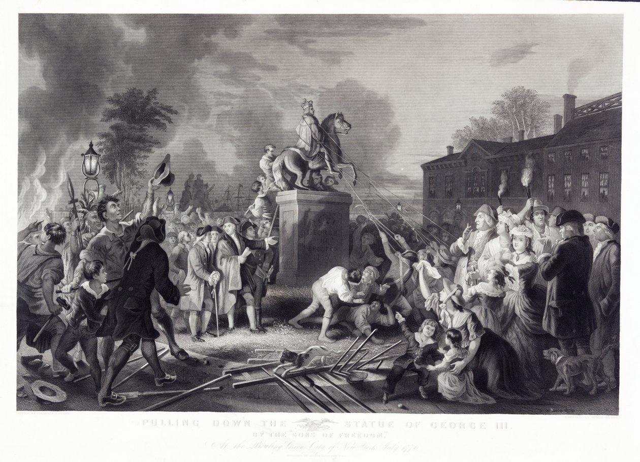Abbattimento della statua di Giorgio III da parte dei Figli della Libertà, al Bowling Green, città di New York, luglio 1776, pub. 1875 da Johannes Adam Simon after Oertel