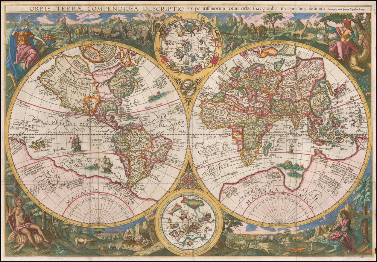 Mappa del mondo del 1596 - Orbis Terrae Compendiosa Descriptio Ex peristissimorum totius orbis Gaeographorum operibus desumpta da Johannes Baptista Vrints