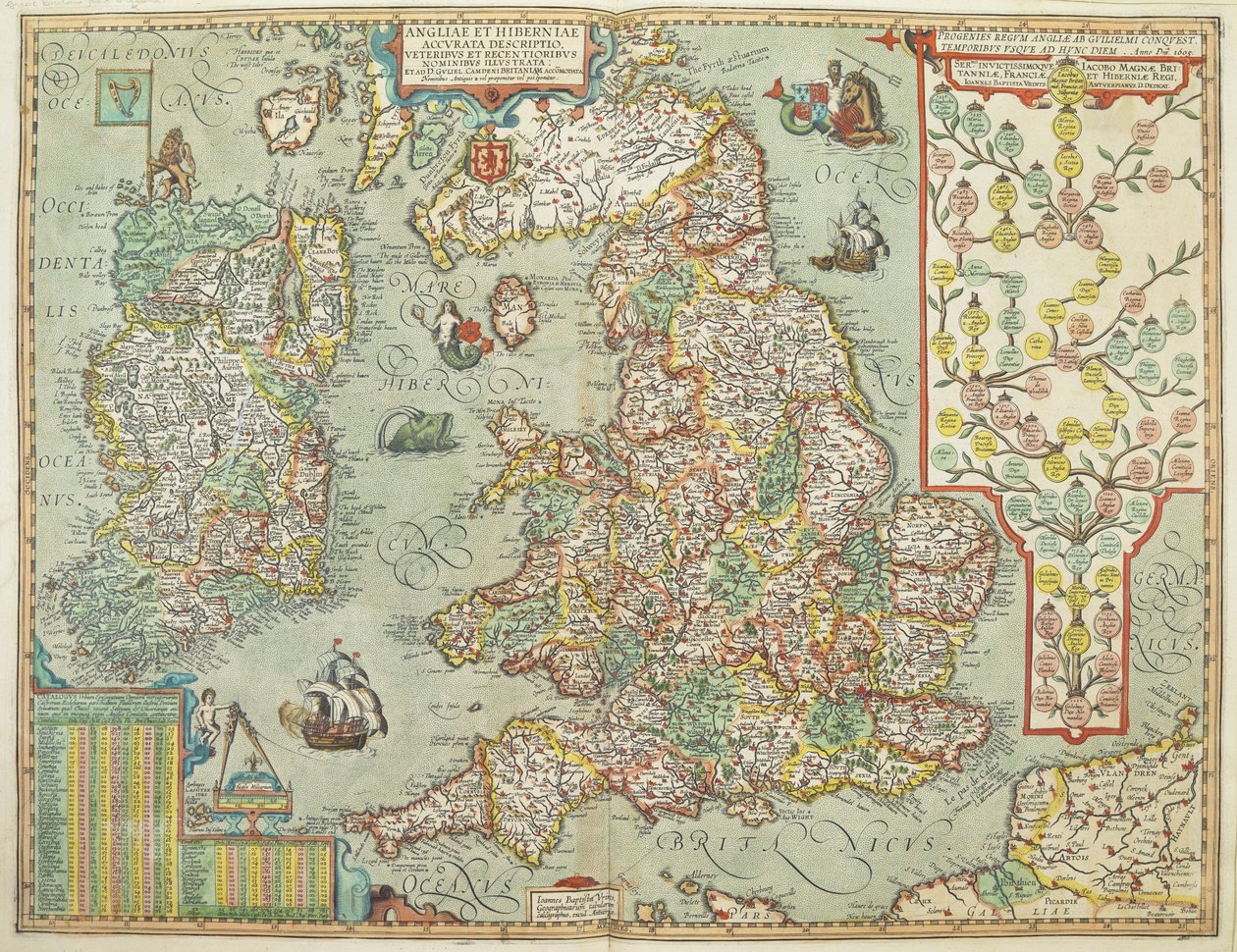 Mappa di Inghilterra e Irlanda disegnata nel 1606 (incisione colorata) da Johannes Baptista Vrints