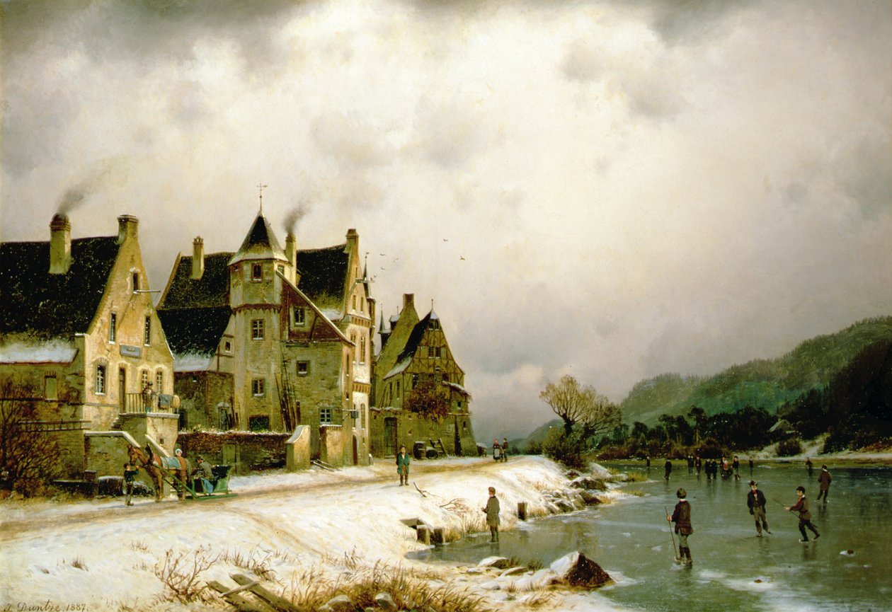 Paesaggio fluviale invernale con figure che pattinano sul ghiaccio vicino a un villaggio da Johannes Bartolomaus Duntze