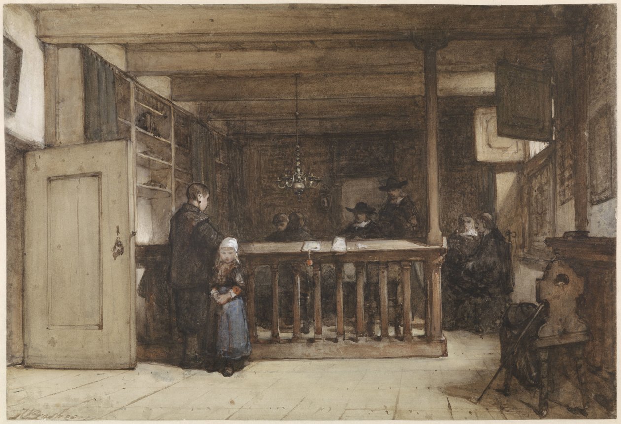 Giorno di paga: La sala delle navi nel tribunale di Nieuw-Loosdrecht, arredata con figure del XVII secolo da Johannes Bosboom