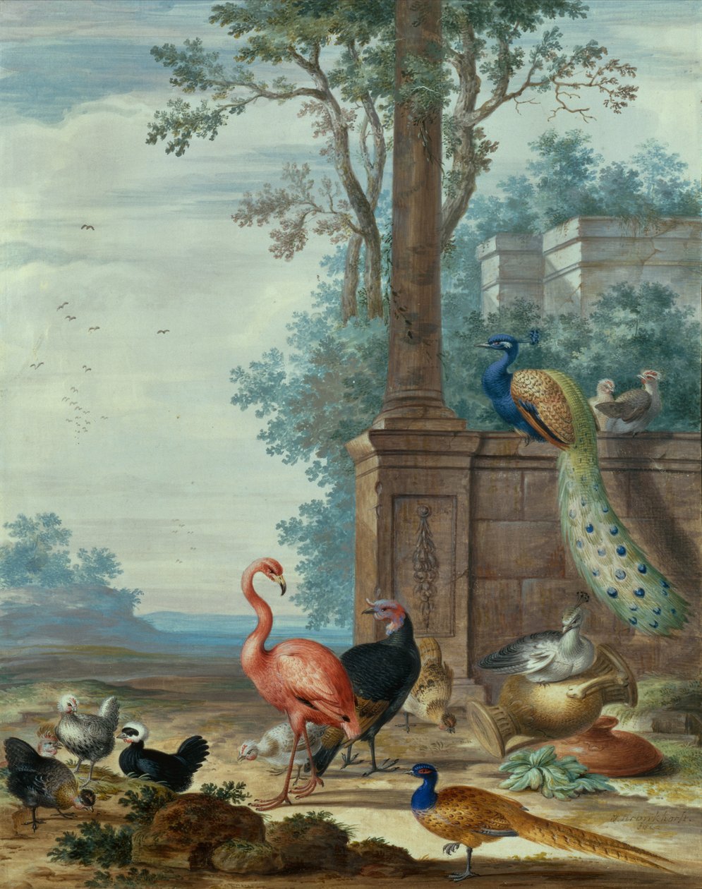 Paesaggio italianeggiante con pavone, fagiano, fenicottero e altri uccelli da Johannes Bronckhorst