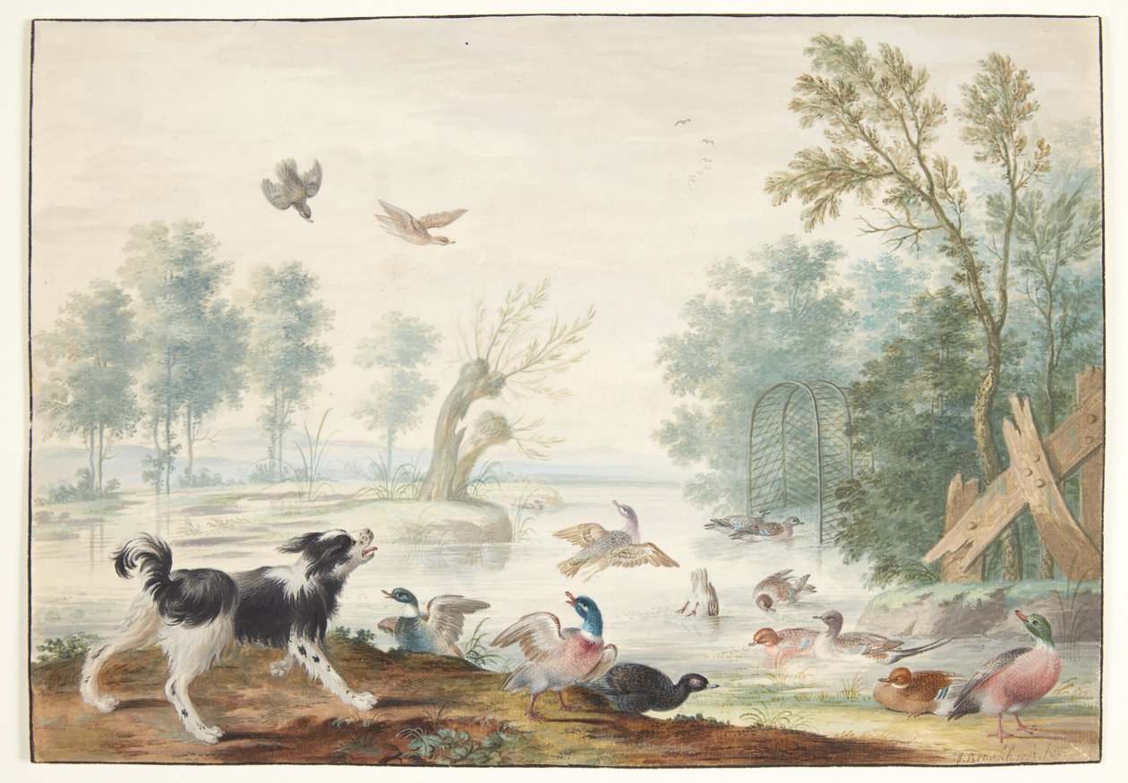 Un cane e anatre vicino al lago da Johannes Bronckhorst