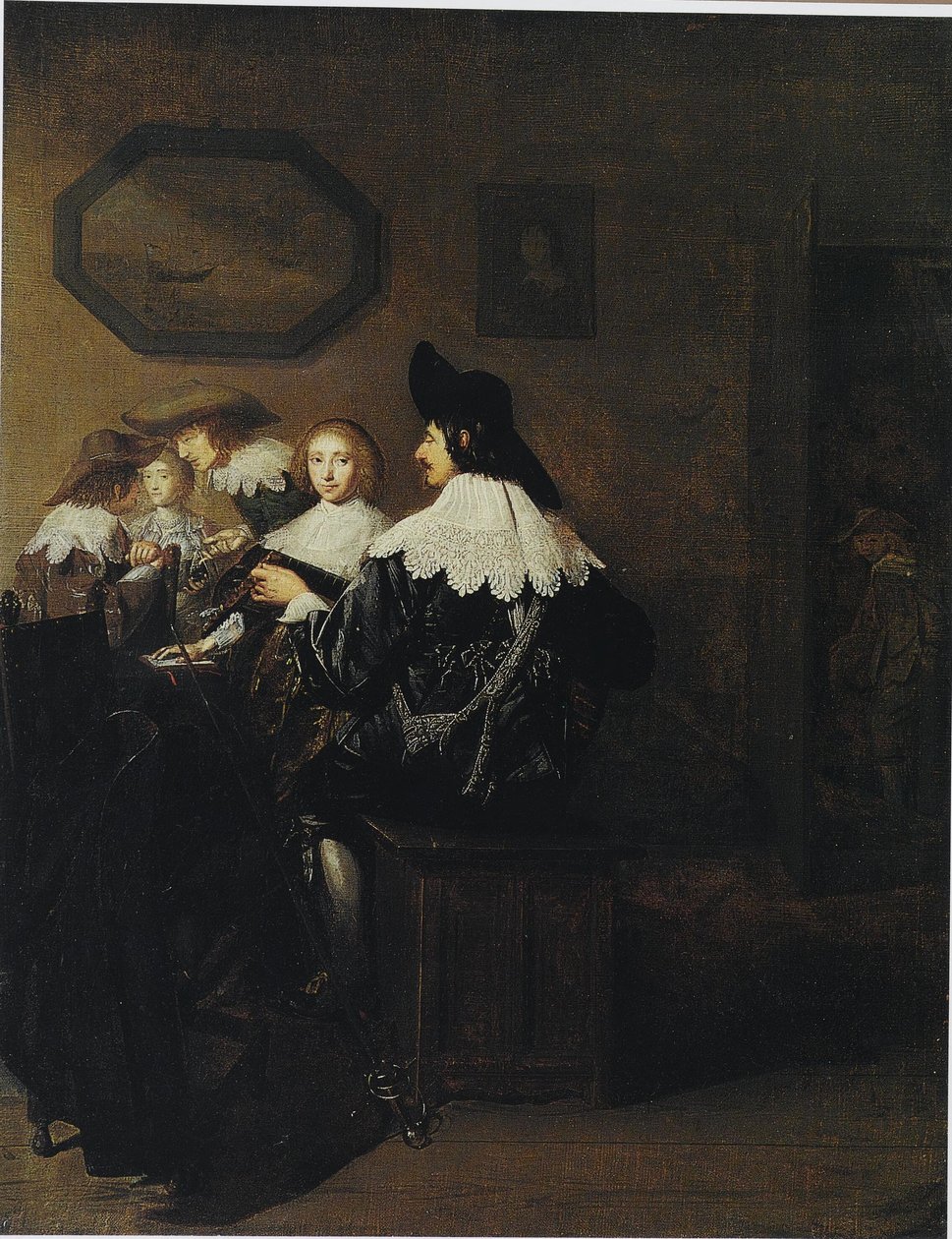 Compagnia con un uomo che suona il liuto, seduto a un tavolo da Johannes Cornelisz Verspronck