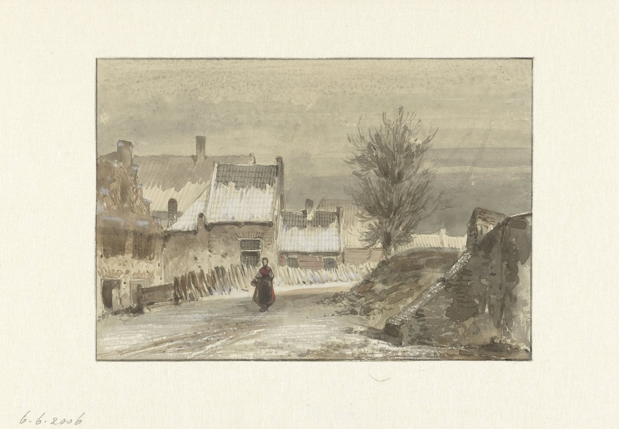 Scena invernale con donna in piedi sul ghiaccio da Johannes Franciscus Hoppenbrouwers