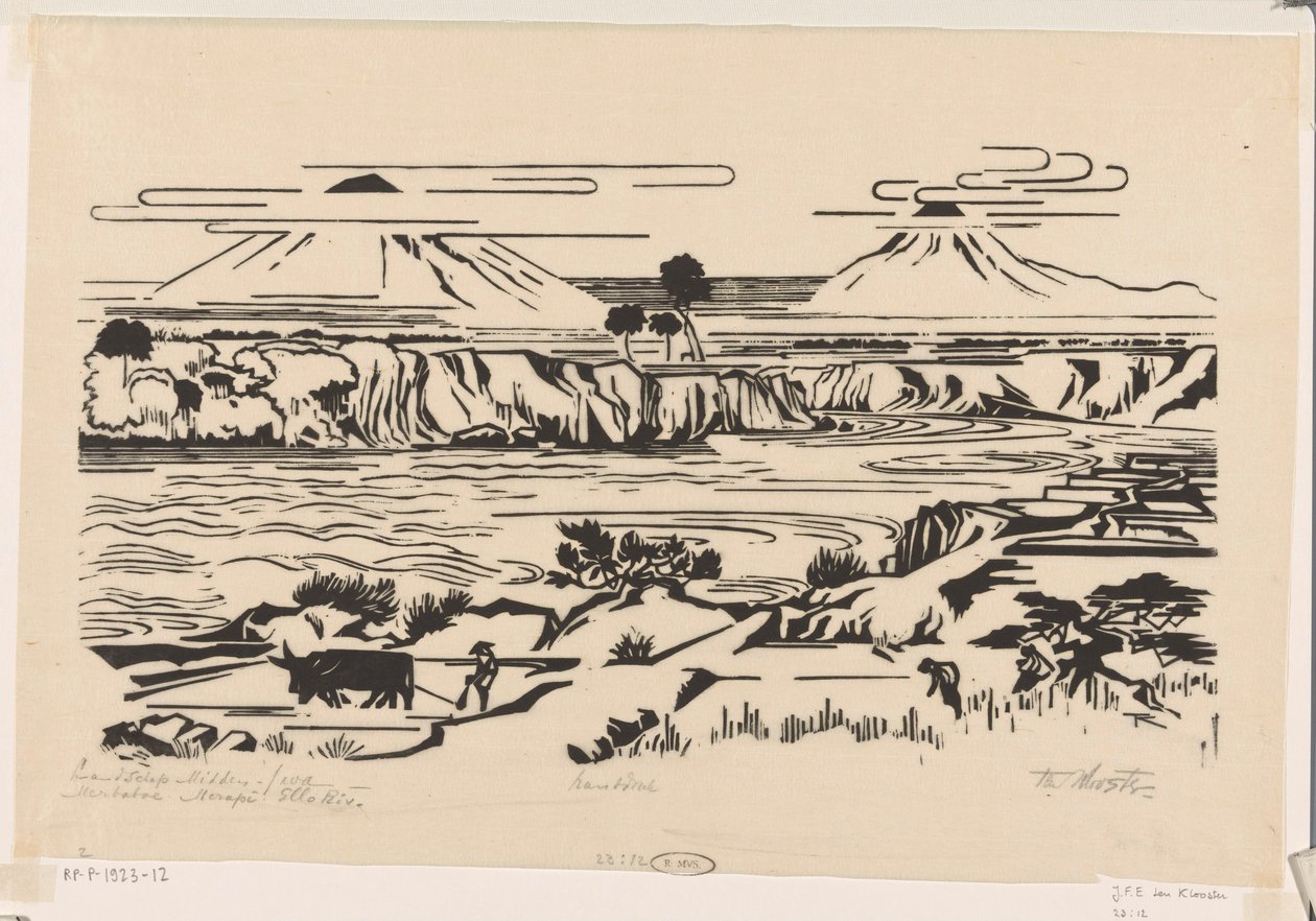 Paesaggio, Giava Centrale: Merbaboe, Merapi, fiume Ello da Johannes Frederik Engelbert ten Klooster (signed by artist)