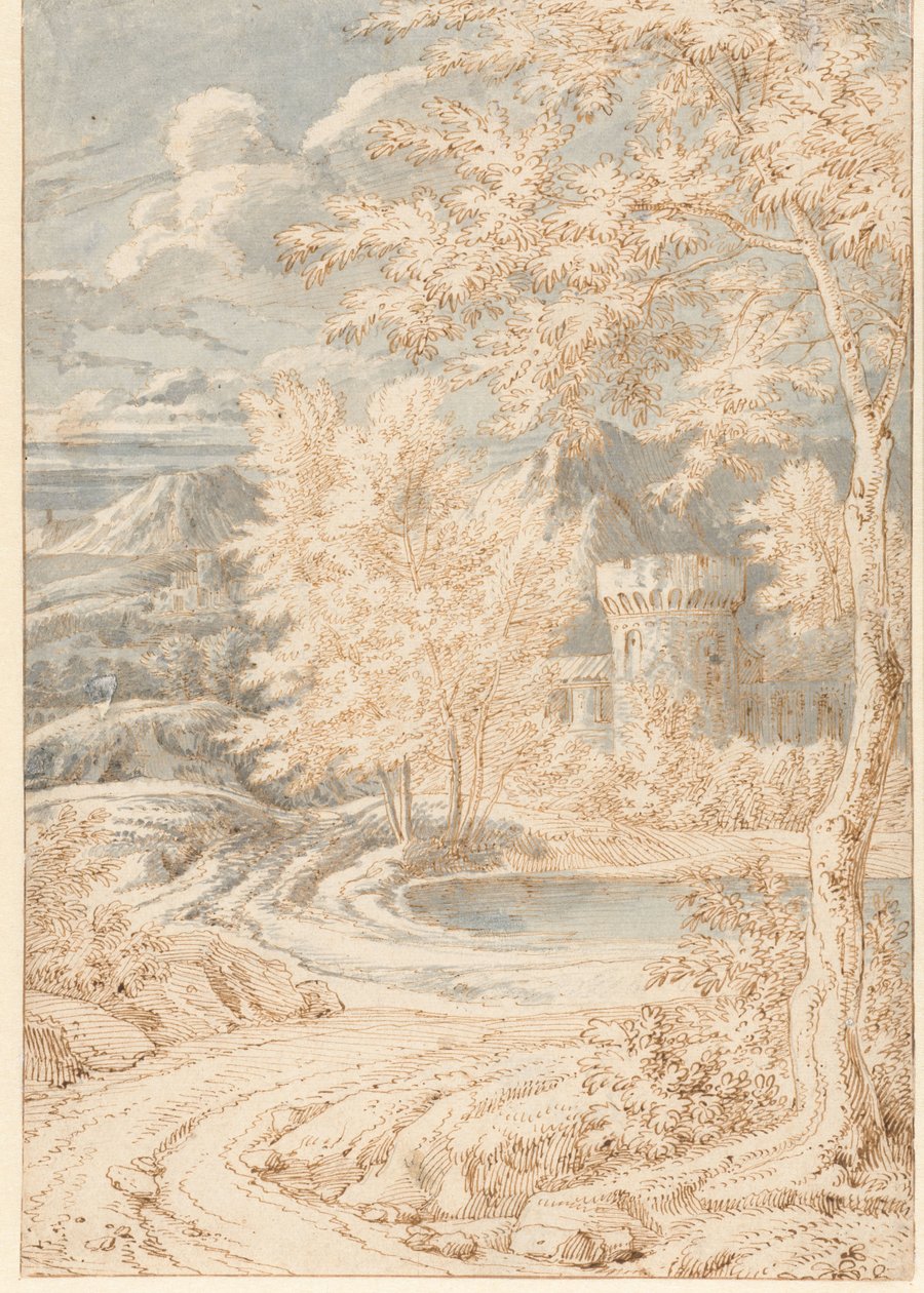 Paesaggio montano arcadico con una torre rotonda da Johannes Glauber