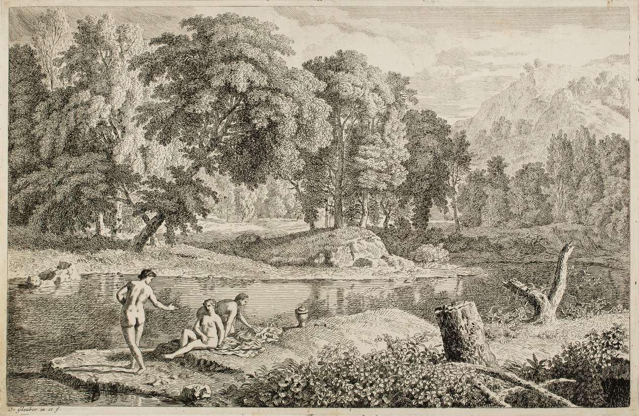 Paesaggio arcadico con un fiume e tre bagnanti da Johannes Glauber