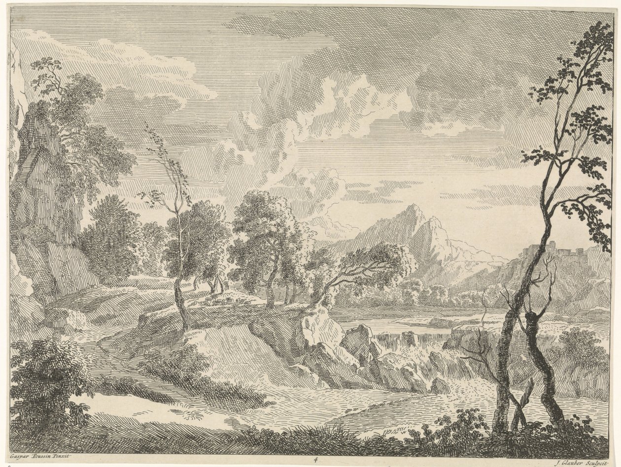 Paesaggio collinare con cascata da Johannes Glauber