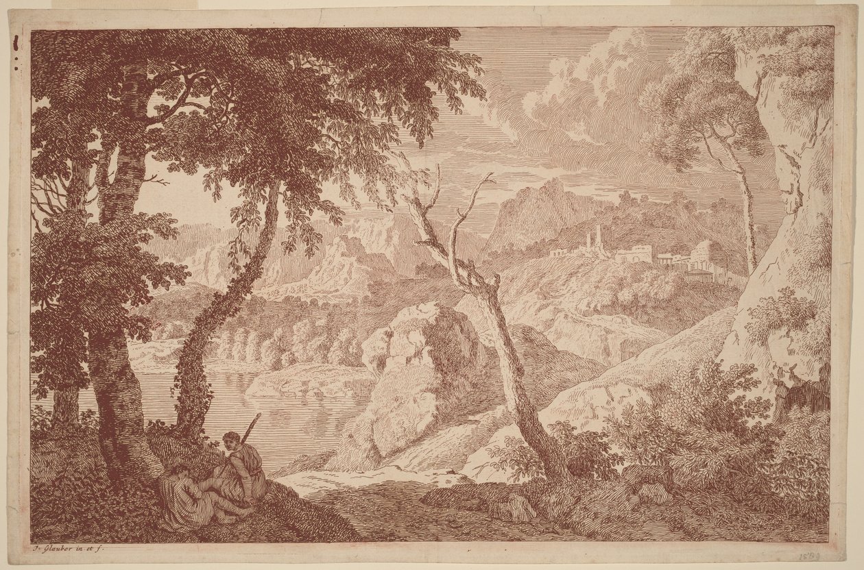 Paesaggio montano con due uomini a riposo da Johannes Glauber