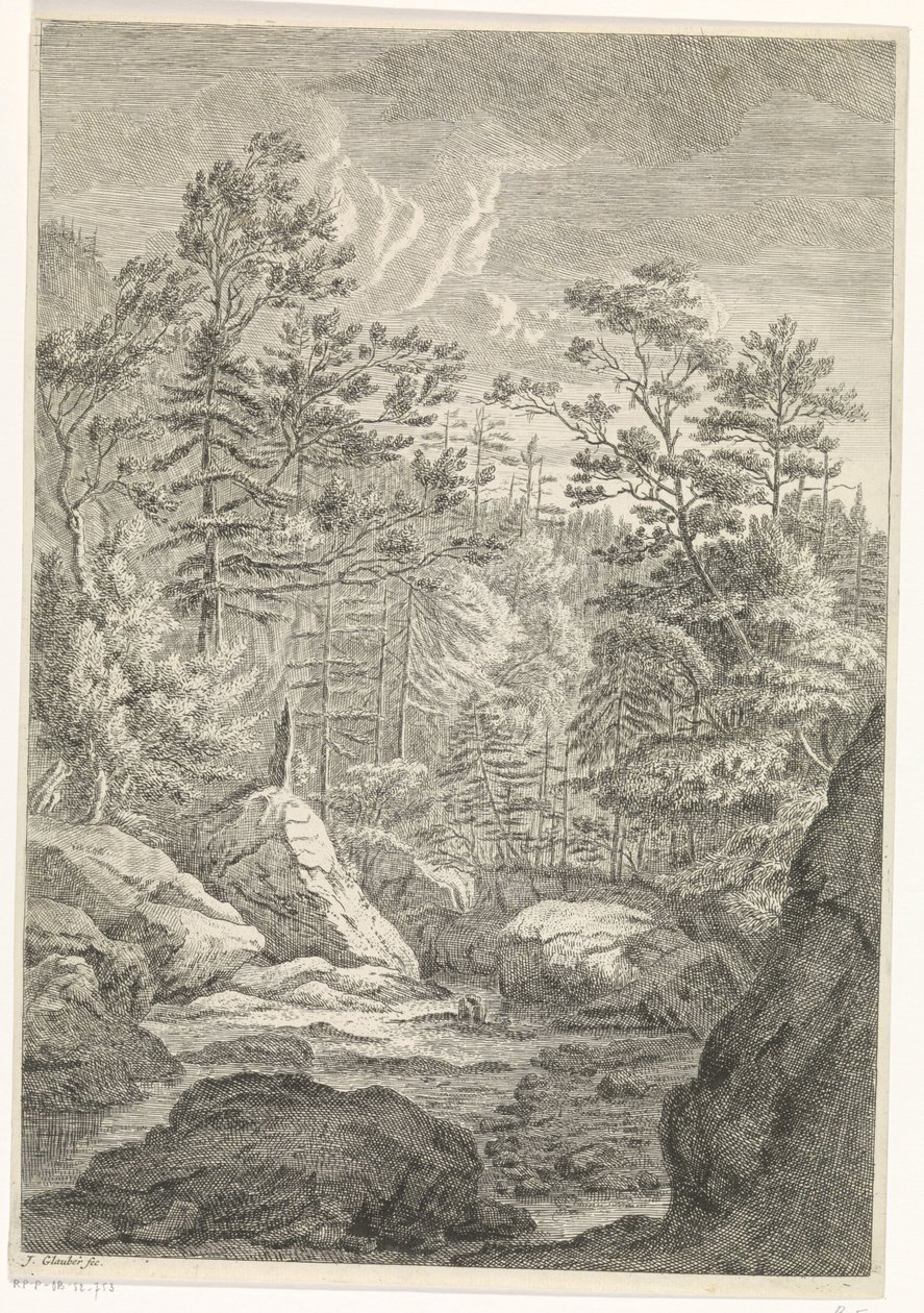 Ravina con alberi e un ruscello (Paesaggi nelle montagne del Chartreuse) da Johannes Glauber