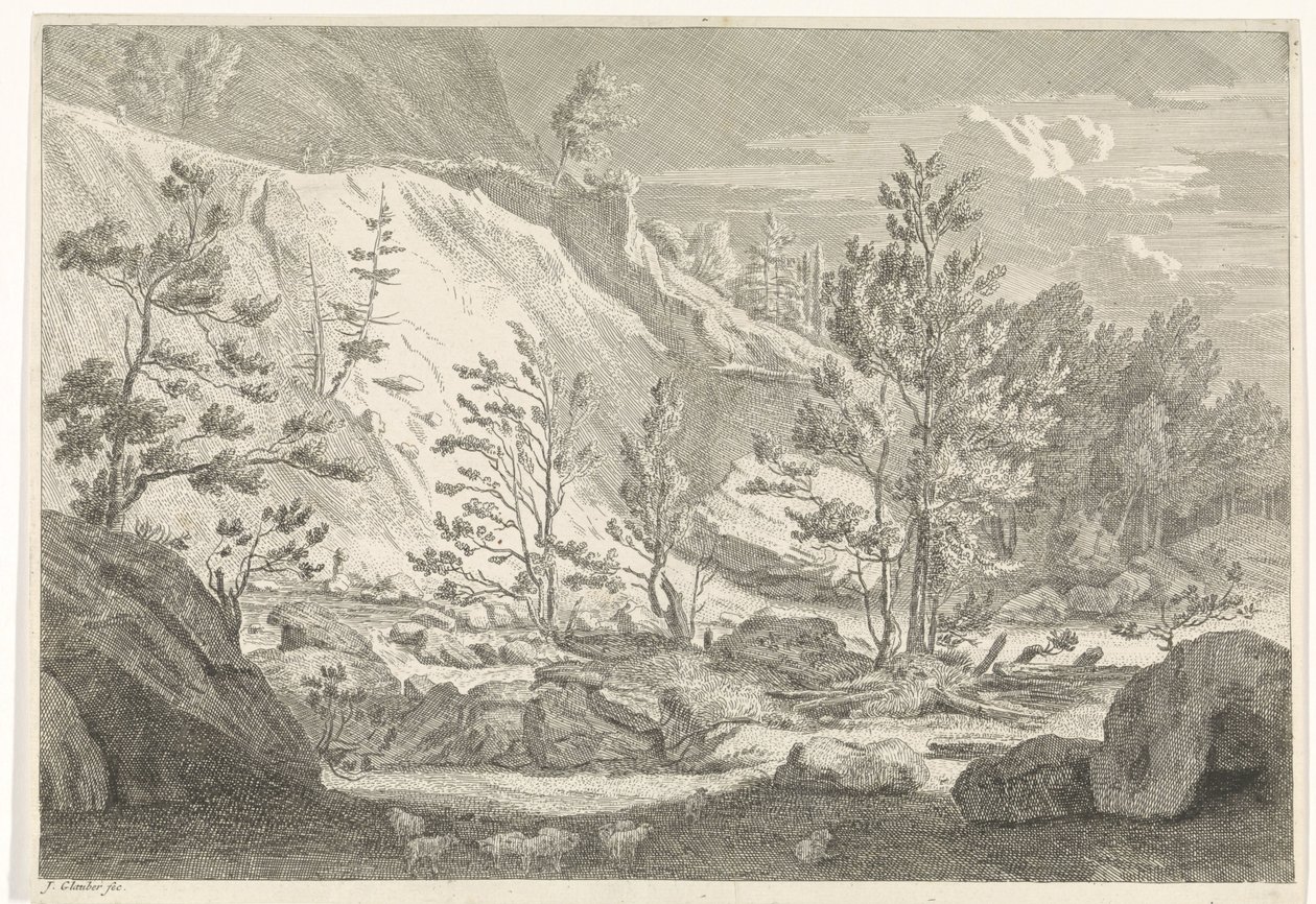 Ravina con un gregge di pecore (serie di paesaggi nel Chartreuzer-gebergte) da Johannes Glauber