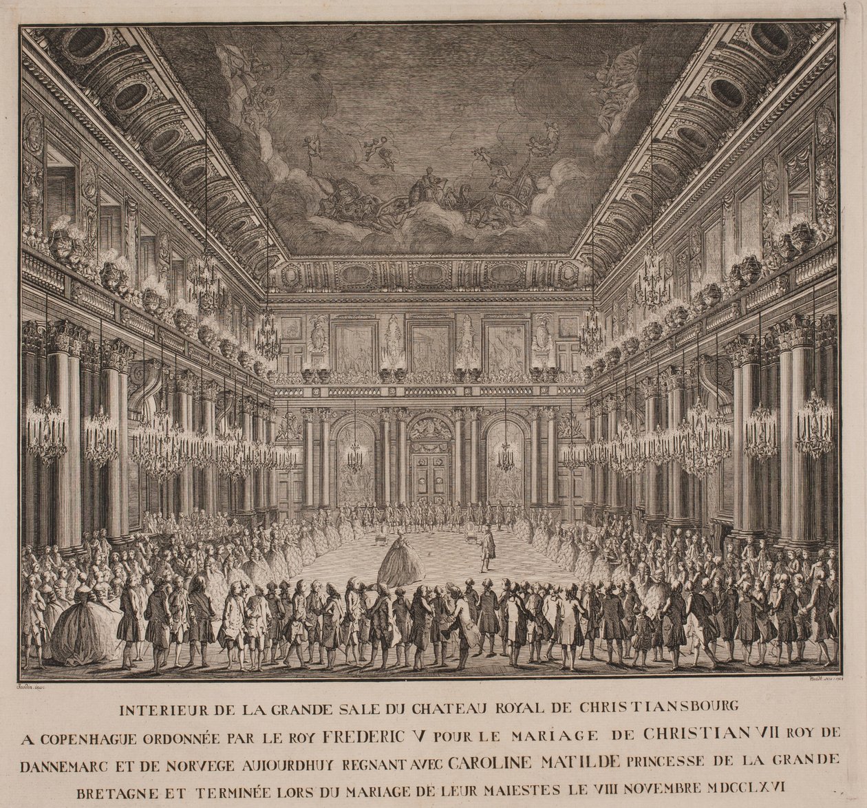 Balletto di corte nella sala dei cavalieri di Christiansborg al matrimonio di Cristiano VII con Carolina Matilde da Johannes Gottfred Bradt