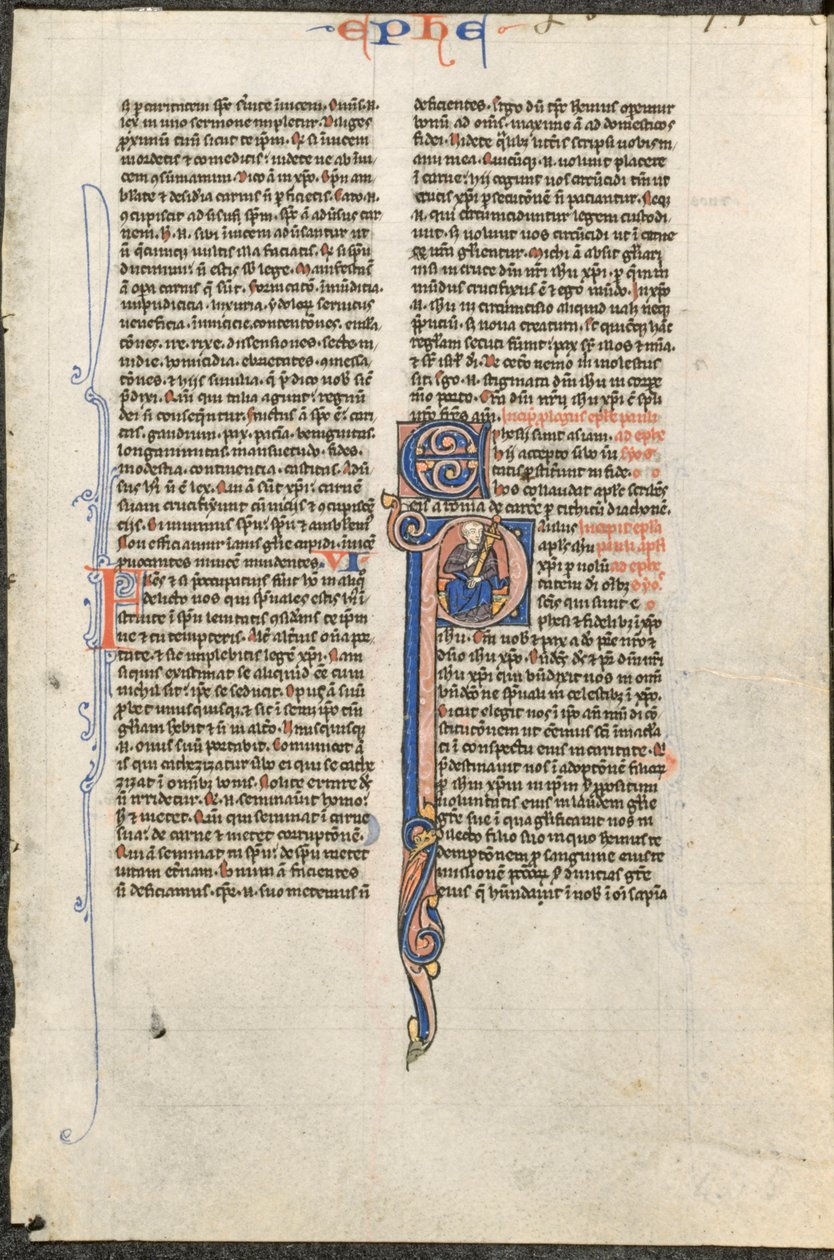 Foglio da una Bibbia latina: Iniziale P con San Paolo che tiene una spada..., c. 1250 da Johannes Grusch Atelier
