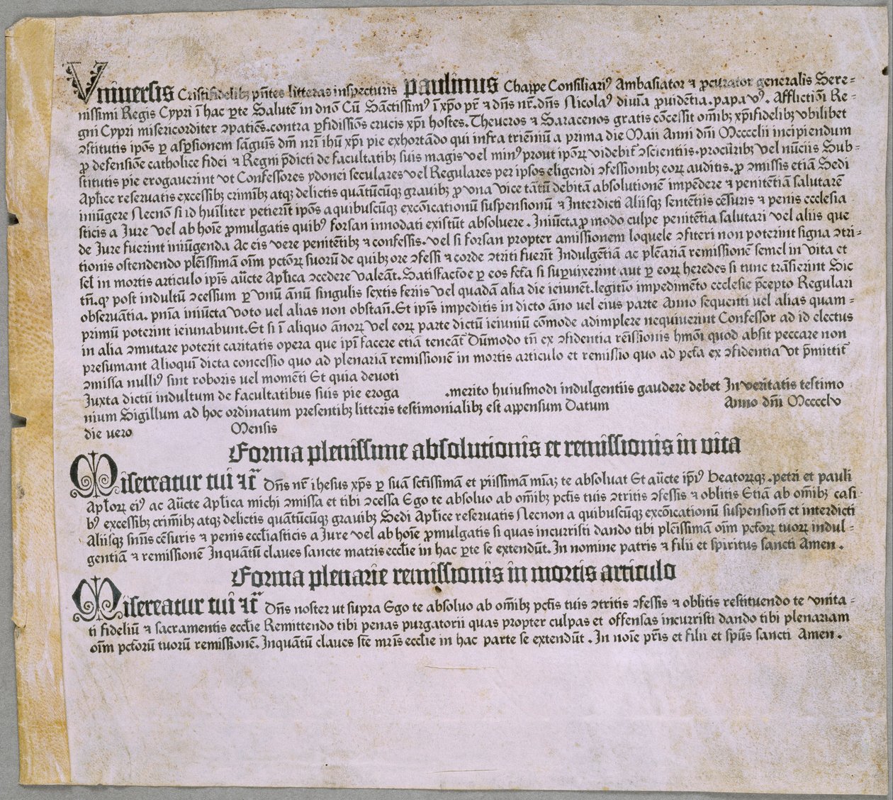 Lettera di indulgenza (per la spedizione contro i Turchi e la difesa di Cipro), (Magonza, Johannes Gutenberg, 1455) da Johannes Gutenberg