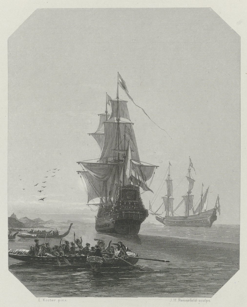 Arrivo di Abel Tasman in Nuova Zelanda, 1642-1643, ca 1865 da Johannes Heinrich Maria Hubert Rennefeld
