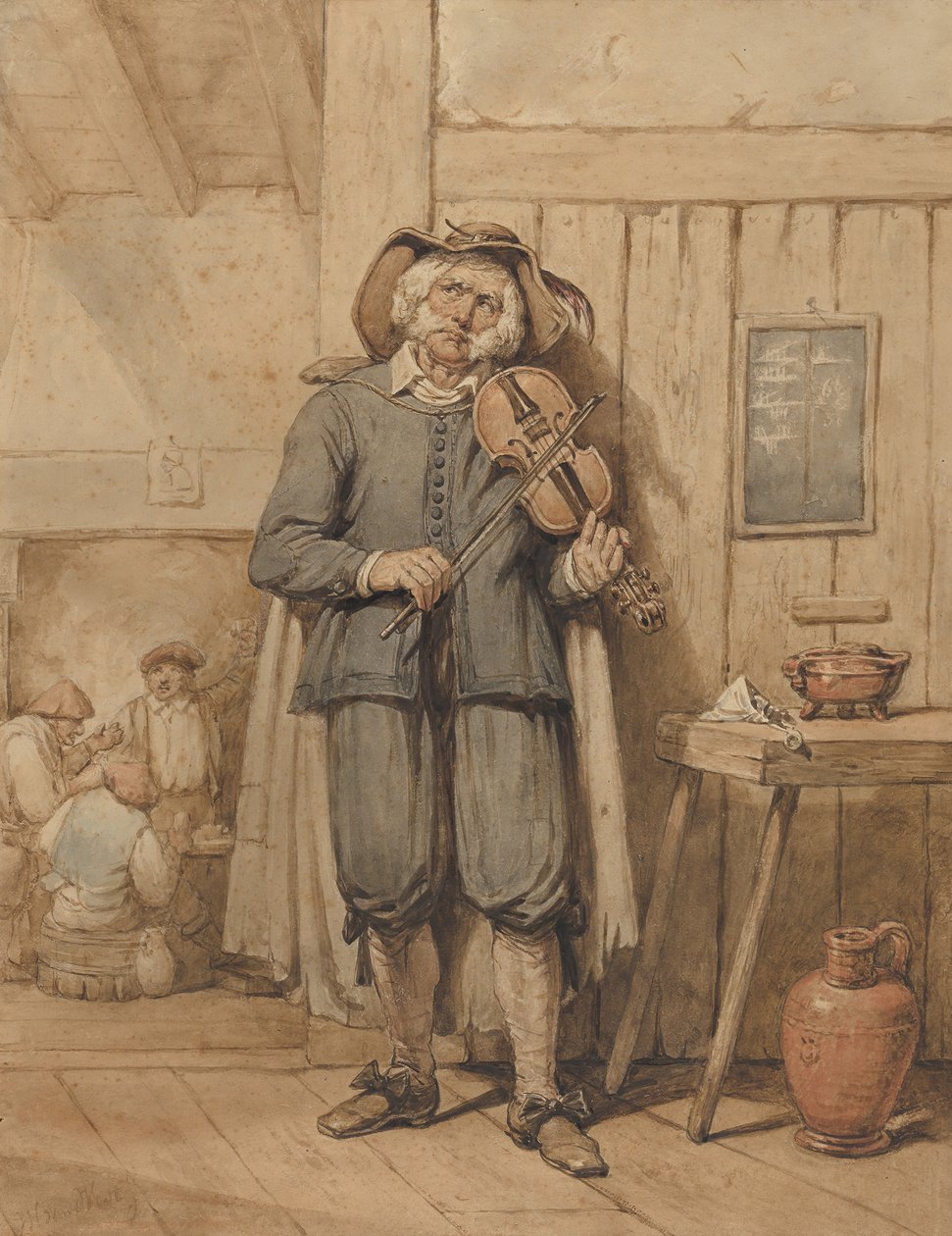 Un violinista in una taverna, con tre uomini sullo sfondo da Johannes Hendrik van West