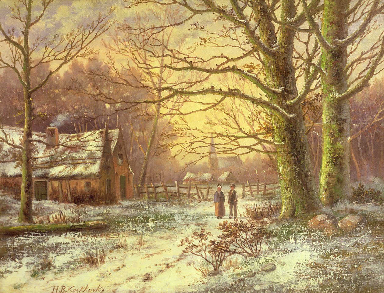 Figure su un sentiero davanti a un villaggio in inverno da Johannes Hermann Barend Koekkoek