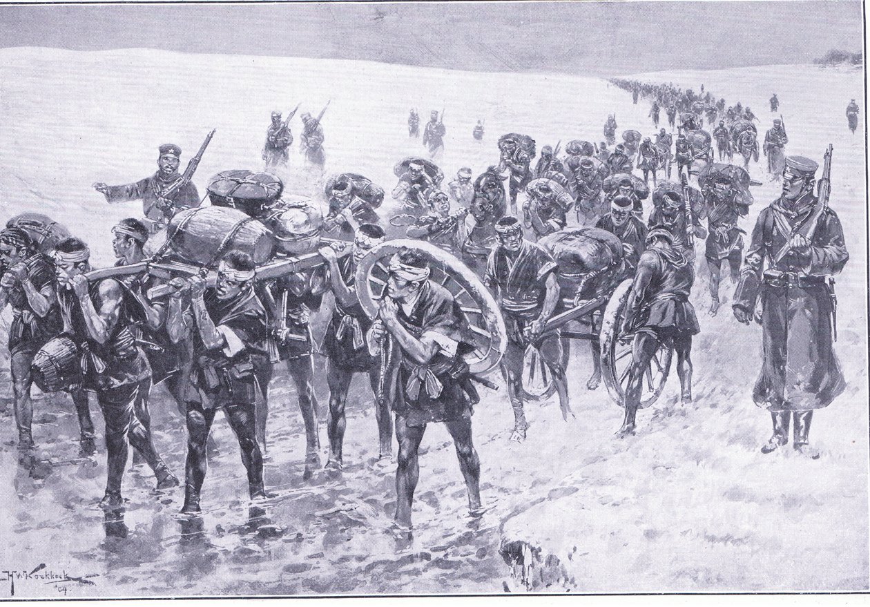 Giapponesi in marcia. Uomini al posto dei pony da soma, illustrazione da Cassells History of the Russo-Japanese War Vol 1, c.1900 da Johannes Hermann Barend Koekkoek