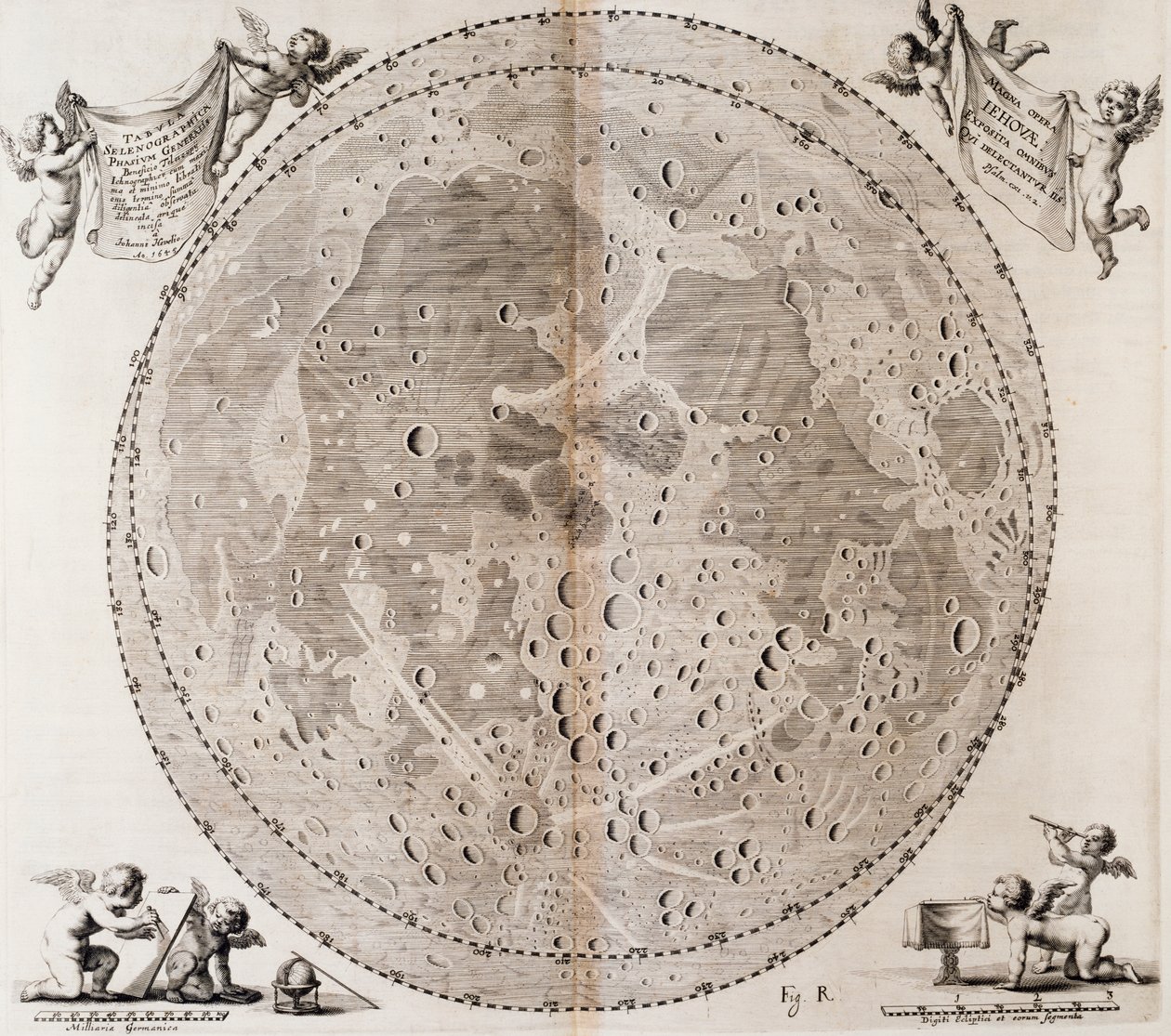 Prima mappa dettagliata della Luna disegnata nel 1647 da Johann Hevelius, stampa tratta dall