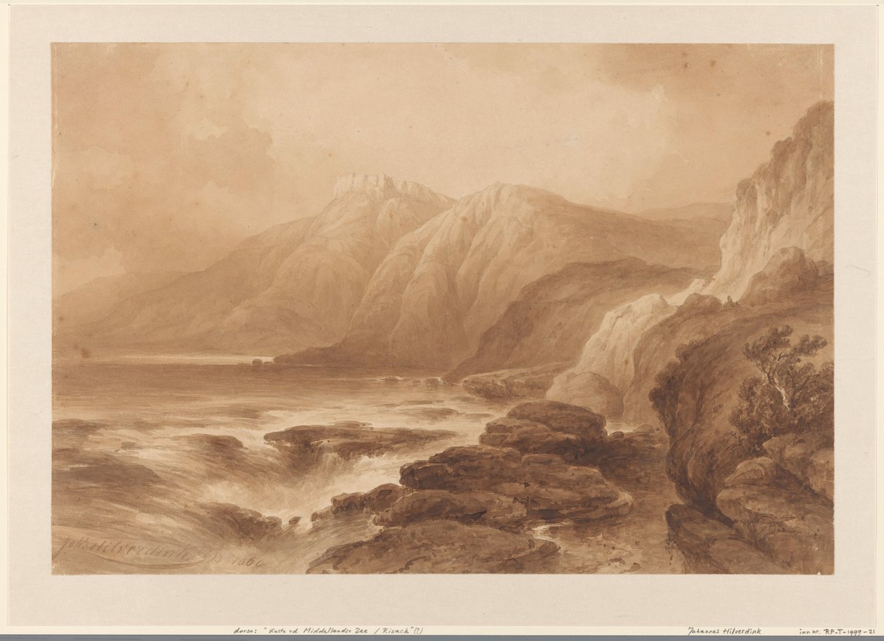 Vista di una costa rocciosa alta, con una fortezza su una delle cime da Johannes Hilverdink