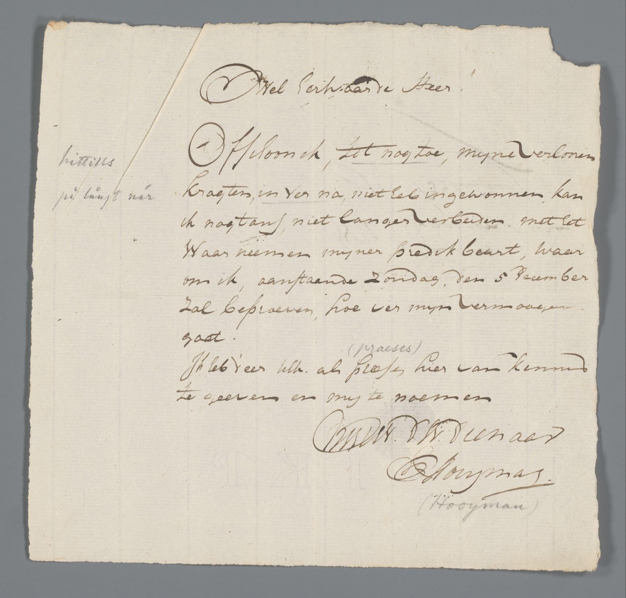 Lettera del pastore Hooyman a Jan Brandes da Johannes Hooyman