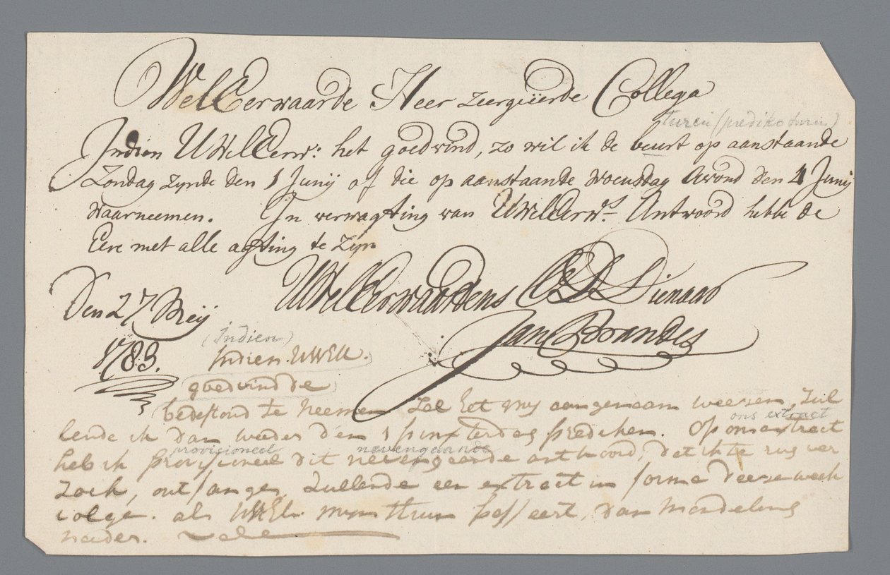 Lettera del reverendo Hooyman a Jan Brandes da Johannes Hooyman