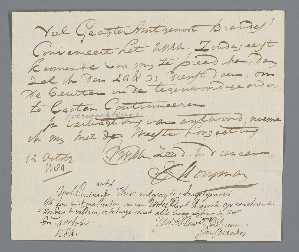 Lettera del reverendo Hooyman a Jan Brandes da Johannes Hooyman