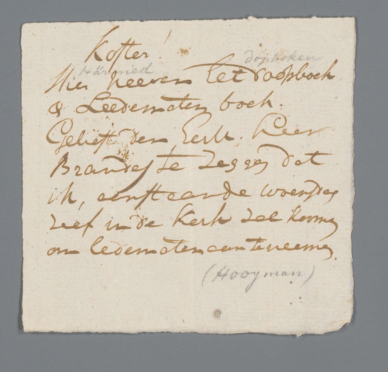 Lettera del pastore Hooyman al sacrestano da Johannes Hooyman