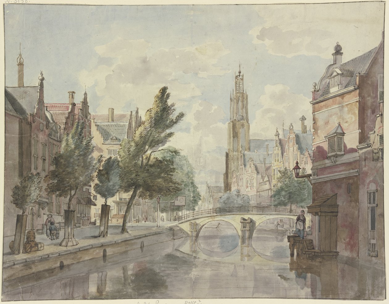 Ponte in pietra su un canale, sullo sfondo una cattedrale, a destra vicino alla casa un lampione da Johannes Huibert Prins