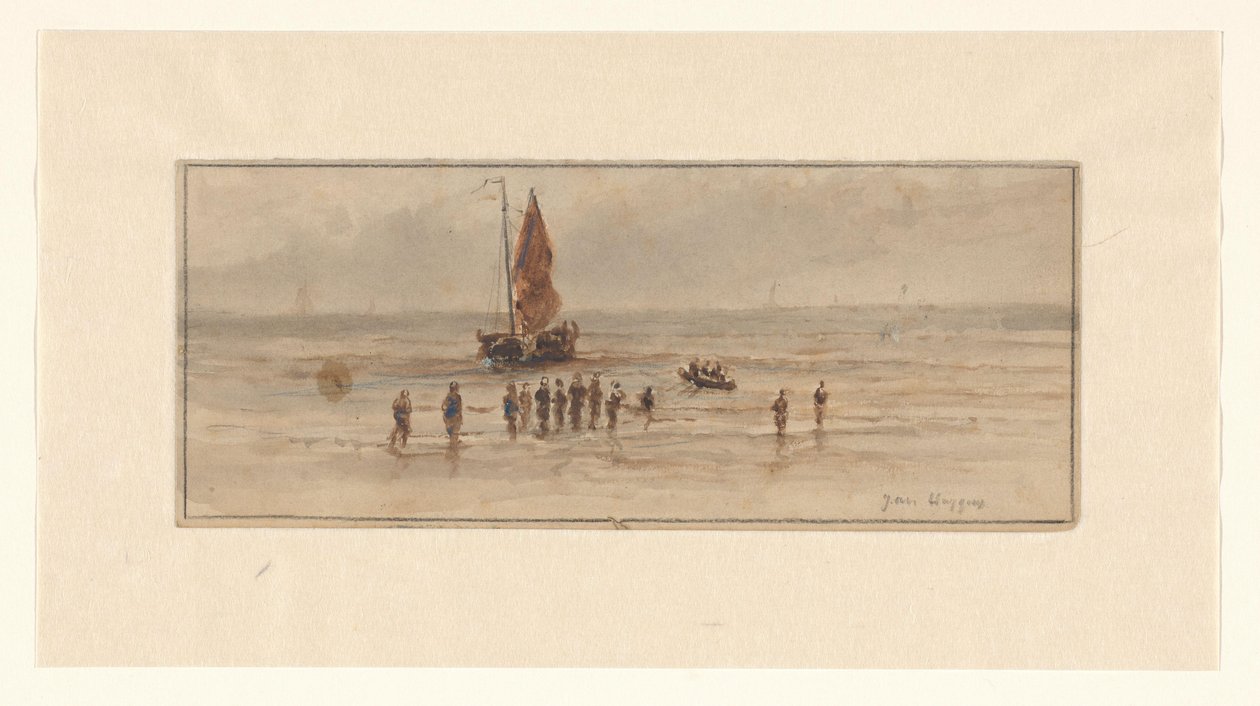 Vista della spiaggia con pescatori e veliero da Johannes Huygens (signed by artist)