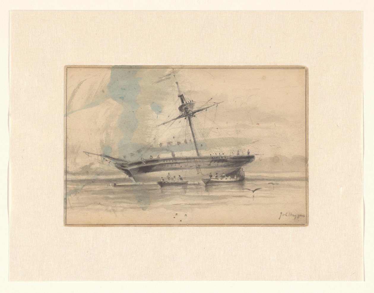 Veliero con due barche a remi da Johannes Huygens (signed by artist)