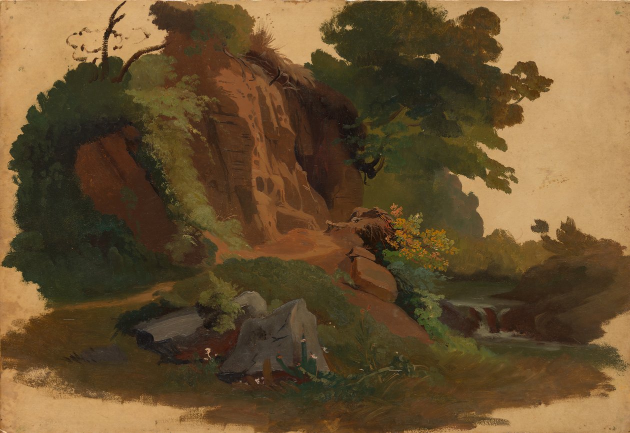 Promontorio roccioso vicino a un ruscello nella Campagna Romana, ca. 1835-40 da Johannes Jakob Frey