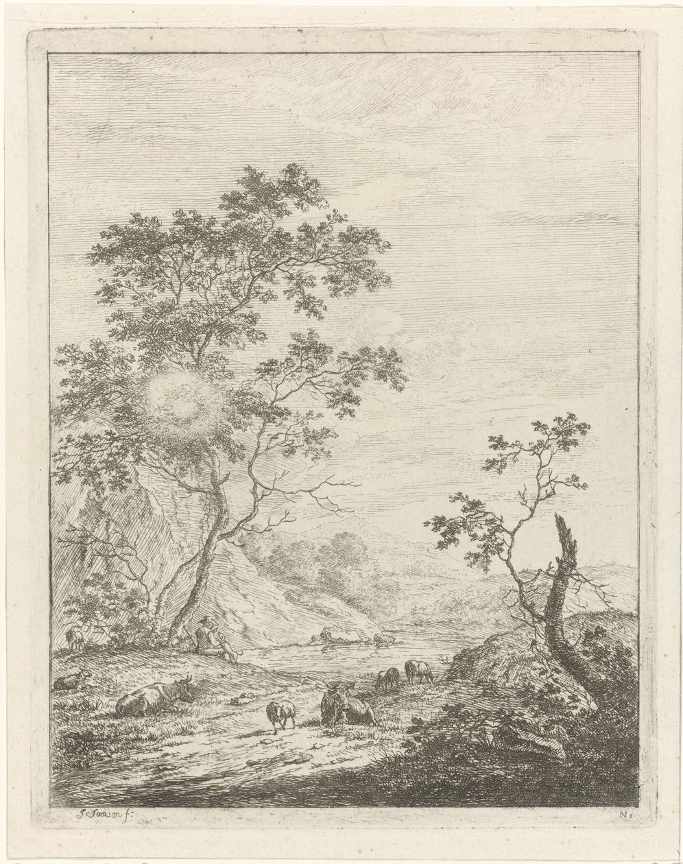 Paesaggio montuoso con pastore e bestiame da Johannes Janson