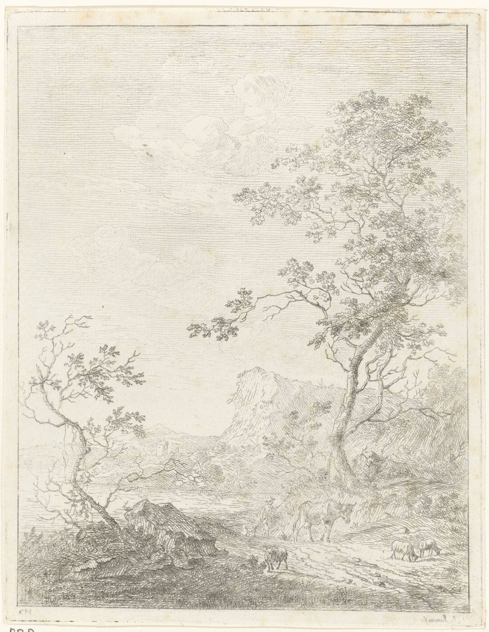 Paesaggio montuoso con pastore e bestiame sul sentiero da Johannes Janson