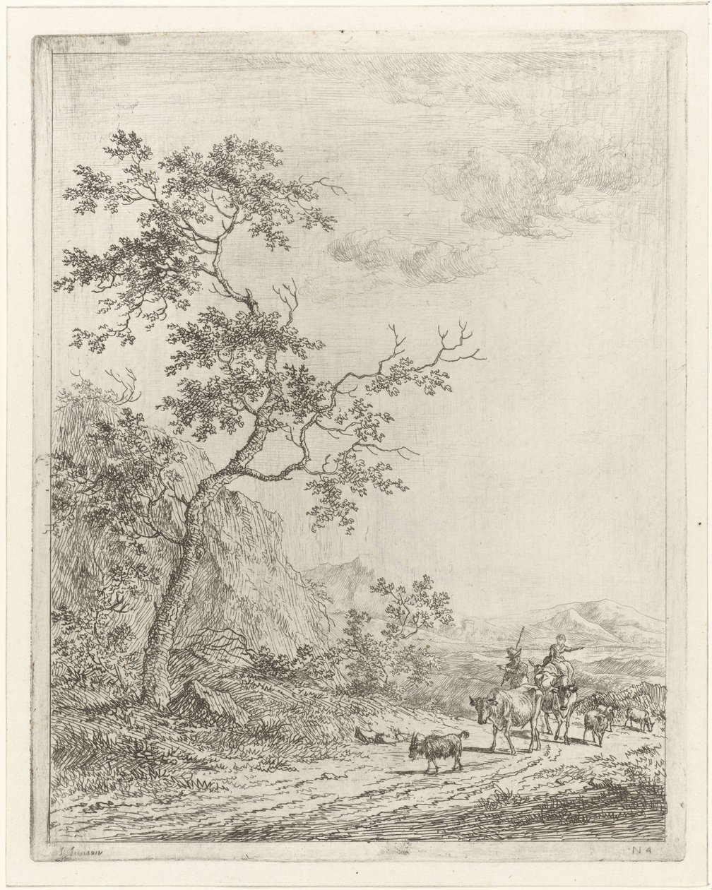 Paesaggio montuoso con pastore, pastorella e bestiame da Johannes Janson