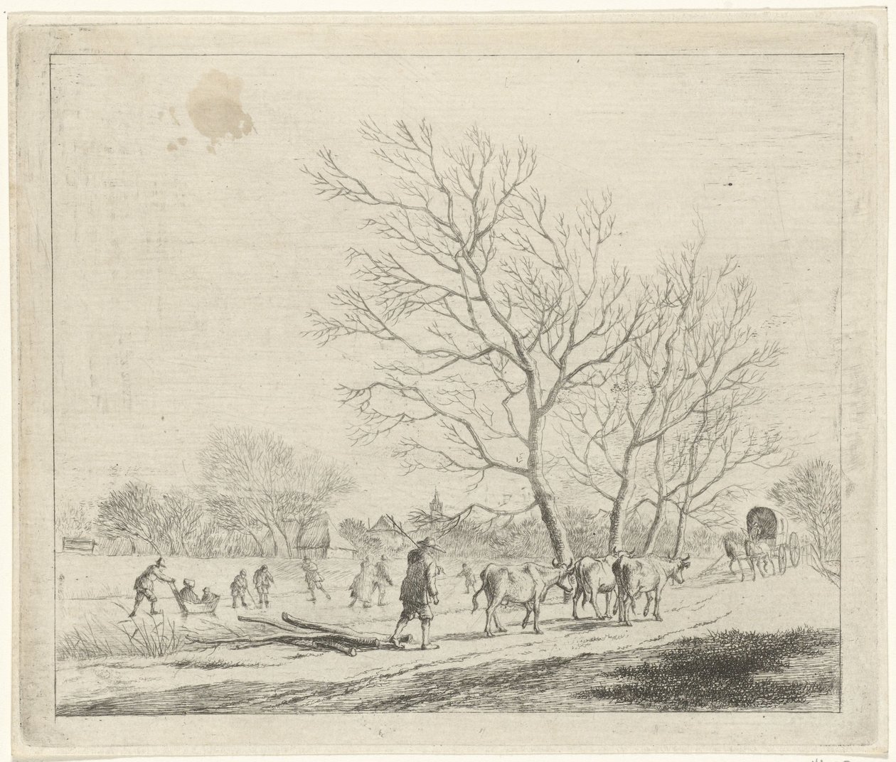 Paesaggio invernale con mucche e pattinatori Dicembre I dodici mesi (serie) I disegni colorati dei 12 mesi (serie) da Johannes Janson