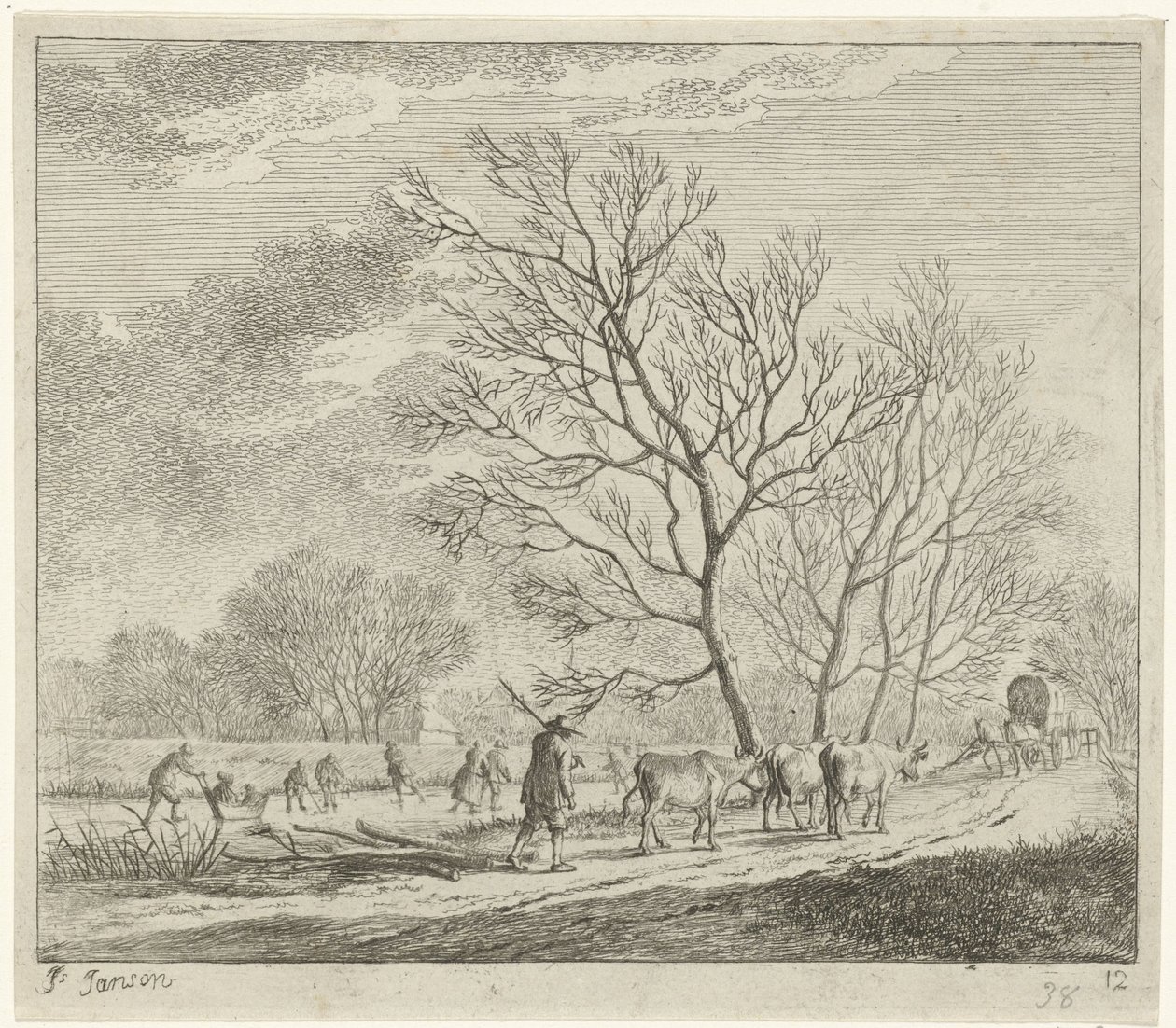 Paesaggio invernale con mucche e pattinatori da Johannes Janson
