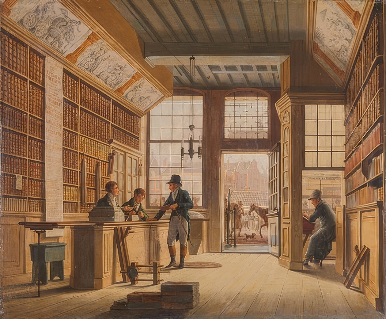 Il negozio del libraio Pieter Meijer Warnars al Vijgendam ad Amsterdam, 1820 da Johannes Jelgerhuis
