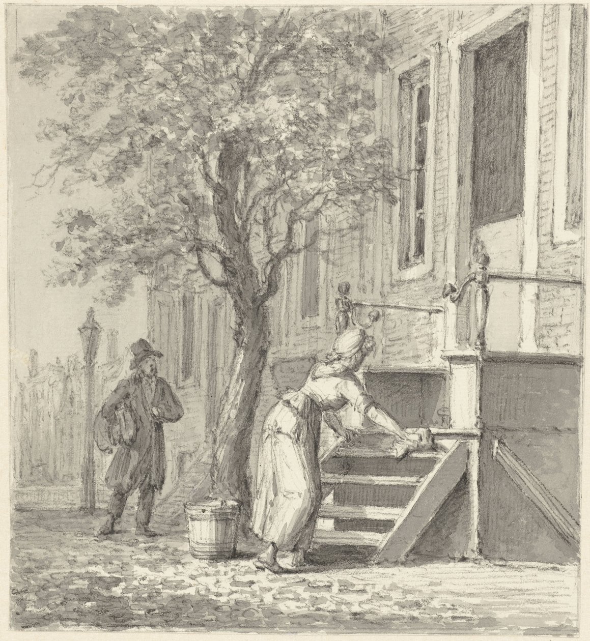 Una domestica che pulisce una scala davanti a una casa da Johannes Jelgerhuis