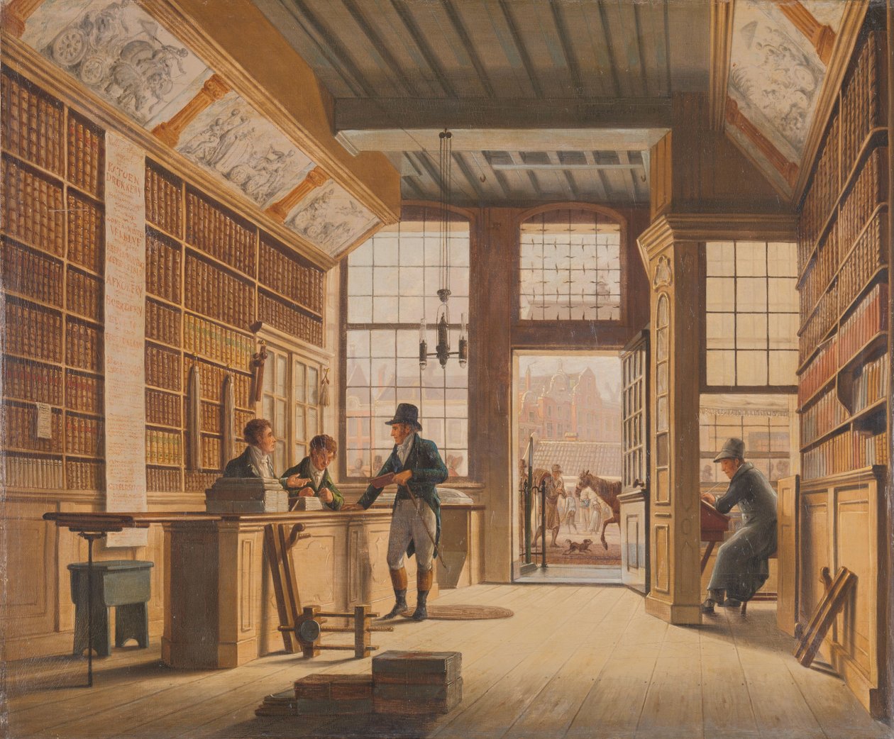 La bottega del libraio Pieter Meijer Warnars sulla Vijgendam ad Amsterdam da Johannes Jelgerhuis